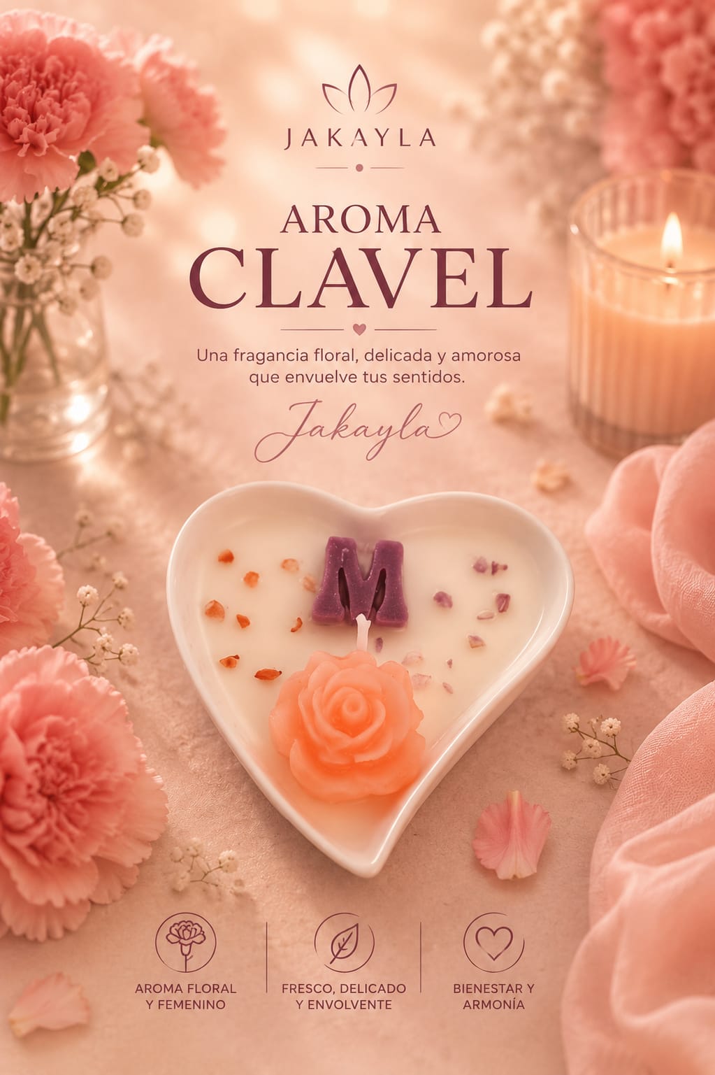 Vela corazón personalizable, aroma clavel