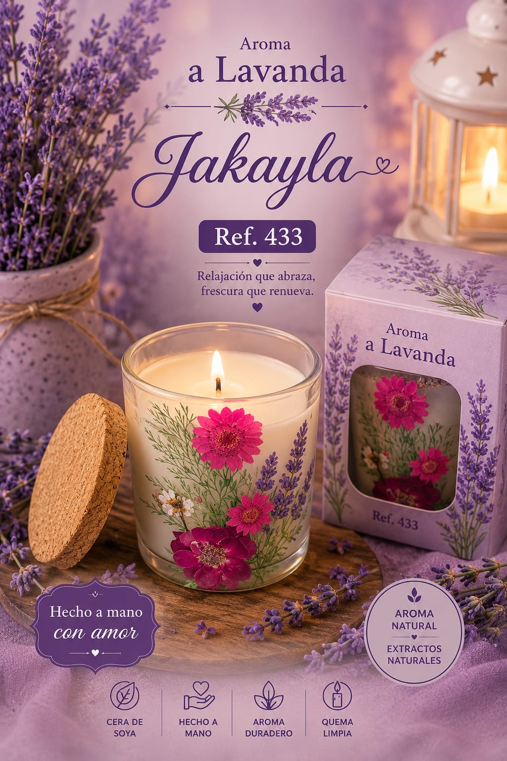 Vela en vaso con flores prensadas, aroma lavanda